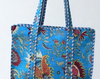 Amaris - Light Blue Quilted Tote Bag: Cotton Block Print Shoulder Bag, Handcrafted