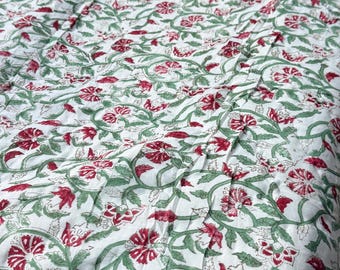 Marzella - Reversible Indian Quilt. Red & Green Floral Pattern with White Background