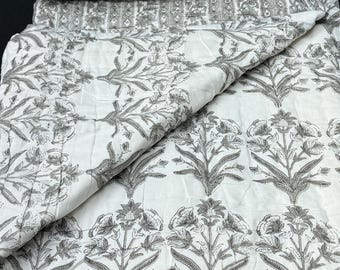 Patanga - Reversible Indian Quilt. Grey Floral Pattern with White Background