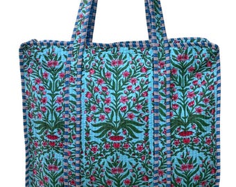 Noorea - Quilted Cotton Tote Bag: Green & Blue Block Print, Handmade in India