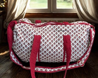 Marquina - Block Printed Cotton Quilted Duffel Bag: Waterproof Travel, Gym, Weekend Bag