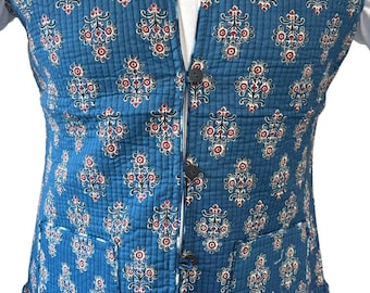 Elara - Reversible Block Print Cotton Vest: Teal Blue Quilted Boho Waistcoat