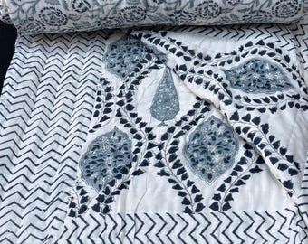 Orlena - Reversible Indian Quilt. Teal Blue Floral Pattern with White Background