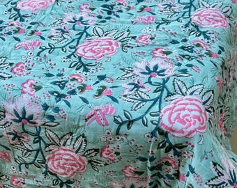 Quintara - Handmade Reversible Indian Quilt. Pink & Mint Floral Block Print