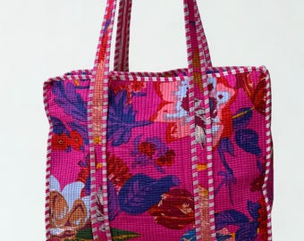 Celestia - Pink Quilted Cotton Tote Bag: Indian Block Print Shoulder Bag