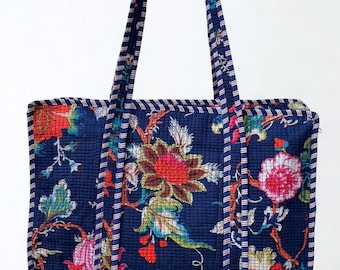 Saavan - Dark Blue Quilted Tote Bag: Handcrafted Cotton Block Print Shoulder Bag