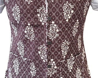Faizz - Reversible Block Print Cotton Vest: Maroon Floral Quilted Waistcoat
