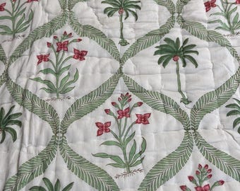 Nocturne - Handmade Reversible Cotton Quilt – Palm Frond Lattice, Indian Block Print