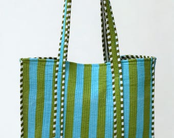 Solara - Green & Blue Quilted Cotton Tote Bag: Block Print Shoulder Bag
