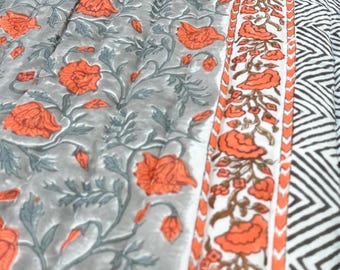 Bellaré - Reversible Indian Quilt. Grey & Orange Pattern with White Background