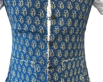 Kai - Reversible Block Print Cotton Vest: Indigo Blue Quilted Waistcoat
