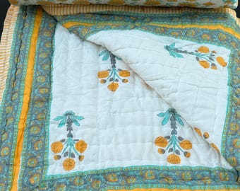 Kairä - Reversible Indian Quilt. Yellow Floral Pattern with White Background
