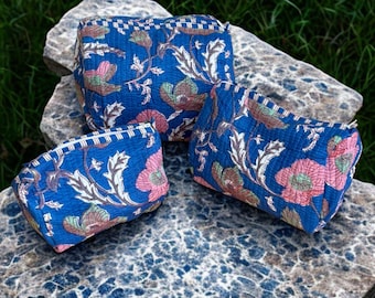 Mode - Block Printed Quilted Cotton Wash Bag: Waterproof Travel Pouch (Set of 3)