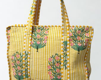 Ruhani - Floral Block Print Quilted Tote Bag: Yellow Striped Cotton Shoulder Bag