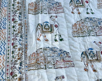 Lusoria - Handmade Reversible Cotton Quilt: Indian Block Print Throw Blanket