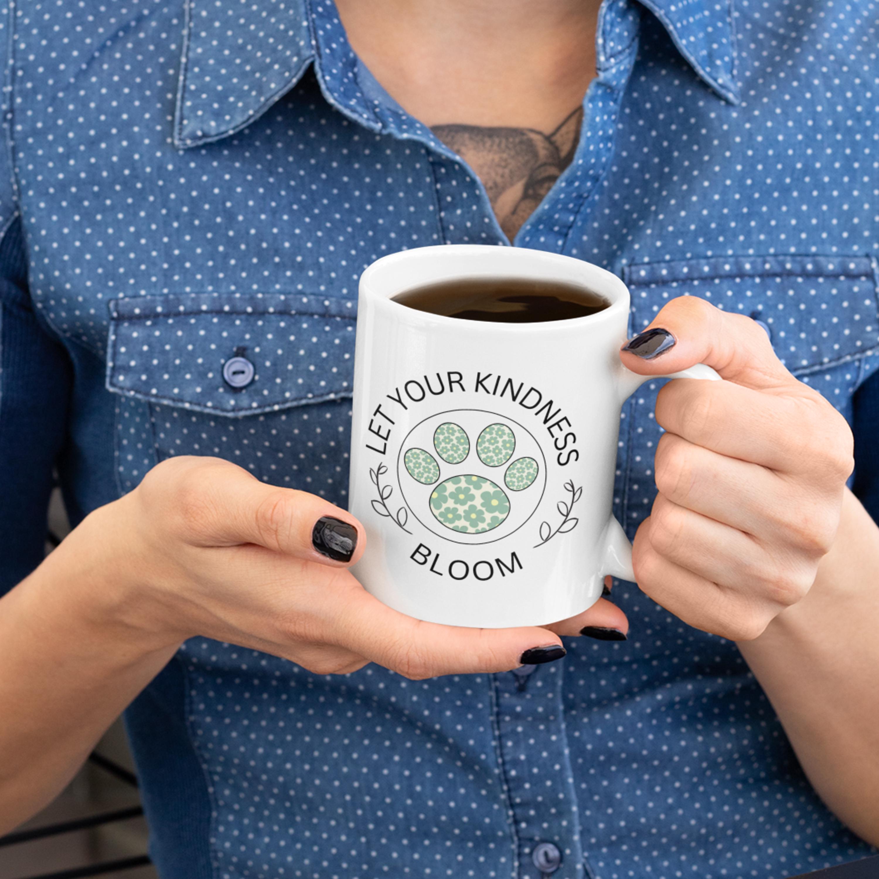 Let Your Kindness Bloom Mug, Floral Paw Print Coffee Cup, Dog or Cat Lover Gift, Daisy Paw Mug, Pet Rescue, Cute Animal, Inspirational