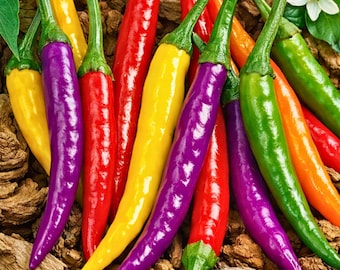 May include: A vibrant assortment of colorful chili peppers, including red, yellow, purple, and green varieties. The peppers have green stems and are arranged on a wooden surface. A few white flowers are visible in the background.