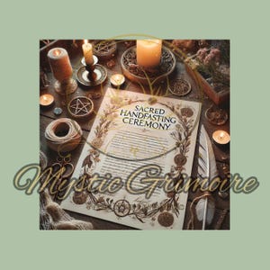 Puede incluir: Una composición de naturaleza muerta con un documento de "Ceremonia de Handfasting Sagrada", velas, cuerda y elementos decorativos. La imagen tiene una estética cálida y acogedora, con iluminación suave y un enfoque en objetos rituales. El texto "Mystic Grimoire" también es visible.