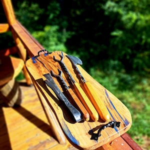 Unique Forged Steel BBQ Tools: Wooden-Handle Grilling Set for Outdoor Cooking Enthusiasts