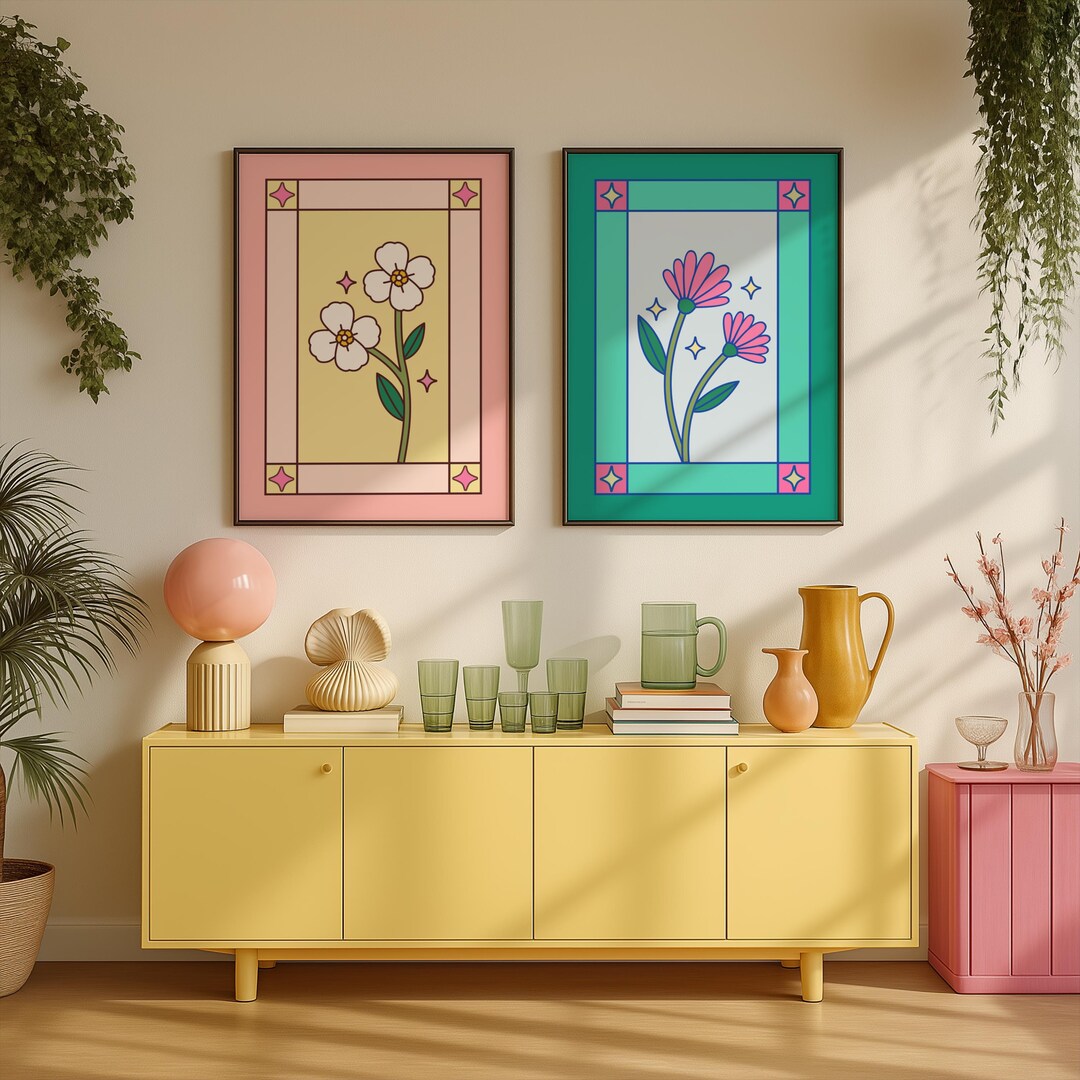 Dopamine Floral Print Set: Retro Colorful Flower Art (digital Download ...