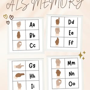 Op de afbeelding: Een geheugenspel voor jong en oud met de tekst "ALS MEMORY". Het spel bevat kaarten met het alfabet, elk gekoppeld aan een handgebaar dat de gebarentaal vertegenwoordigt. De kaarten zijn gerangschikt in een raster, met de tekst "To learn and love."