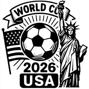 May include: Black and white graphic featuring a soccer ball, the Statue of Liberty, and the American flag. The text reads "World Cup 2026 USA" in a banner and rectangular box. The design is a patriotic celebration of the upcoming soccer tournament.