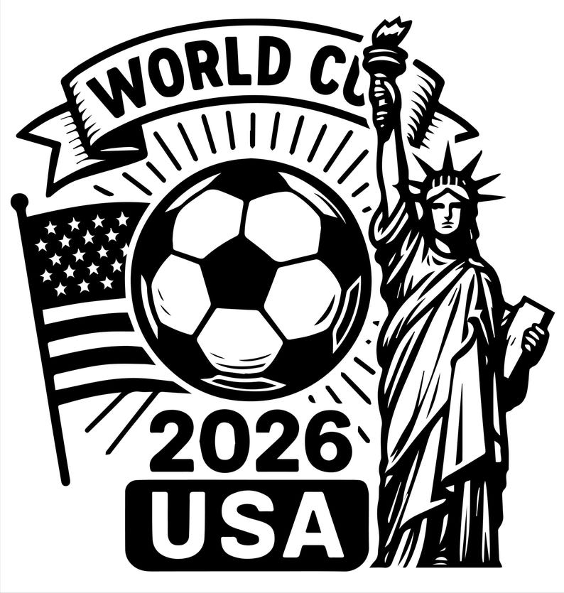 May include: Black and white graphic featuring a soccer ball, the Statue of Liberty, and the American flag. The text reads "World Cup 2026 USA" in a banner and rectangular box. The design is a patriotic celebration of the upcoming soccer tournament.