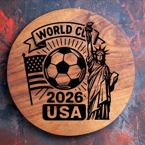 May include: A round wooden sign with a soccer ball, the Statue of Liberty, and the American flag. The sign reads "WORLD CUP 2026 USA" in black lettering. The background is a mix of red, brown, and blue.