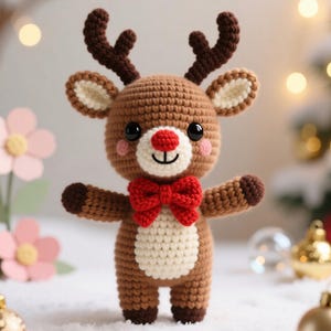 Peut inclure: Un renne crocheté fait à la main, en fil marron et crème. Il porte un nœud papillon rouge, un ventre blanc et des bois brun foncé. Le renne a des yeux noirs et des joues roses. Le fond comprend des décorations de Noël et un sapin de Noël flou.