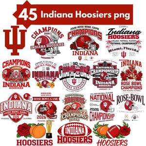 Könnte beinhalten: Eine Sammlung von Grafiken zum Thema Football der Indiana Hoosiers. Die Designs umfassen Helme, Fußbälle, Rosen und das Logo der Indiana University. Der Text enthält "Champions", "Rose Bowl Game" und "National Championship."