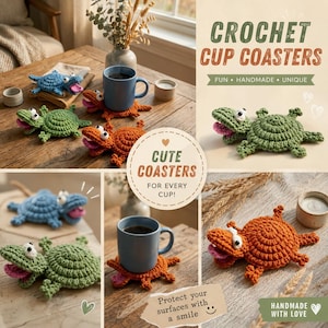 May include: A collection of handmade crochet cup coasters shaped like crocodiles in blue, green, and orange. Each coaster features a wide-open mouth with a pink tongue and two white eyes. Text on the image reads CROCHET CUP COASTERS and CUTE COASTERS.