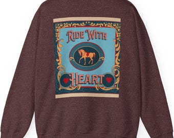 Sudadera "Ride With Heart", regalo ecuestre, ropa vintage para amantes de los caballos, cuello redondo acogedor, sudadera con capucha para montar a caballo