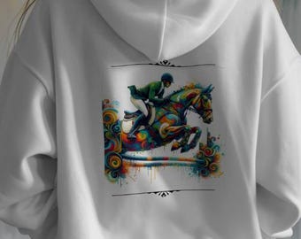 Sudadera con capucha artística de salto de caballo ecuestre de tamaño juvenil, regalo para amantes de los caballos, ropa ecuestre, sudadera para montar, sudadera con capucha para montar a caballo