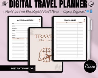 May include: A digital travel planner displayed on three tablet screens, featuring pages for accommodation details and a packing list. The design includes a globe and airplane icon, the text "DIGITAL TRAVEL PLANNER," "Travel Smart with Our Digital Travel Planner - Anytime, Anywhere!," and a white stylus pen.