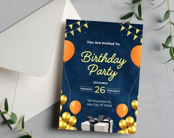 Könnte beinhalten: Eine rechteckige Geburtstagseinladungskarte mit dunkelblauem, strukturiertem Hintergrund, gelben Wimpeln, orangefarbenen und goldenen Luftballons sowie einem weißen Geschenk mit schwarzer Schleife. Der Text lautet: You Are Invited To Birthday Party DECEMBER 26.