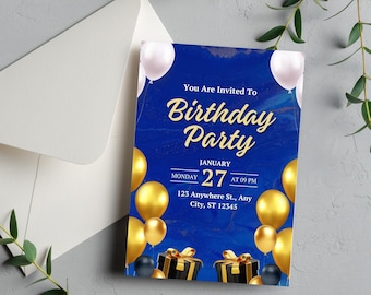 Bearbeitbare Blaugold-Geburtstagseinladung, druckbare Geburtstagsfeier einladen, Let's Party, jedes Alter, bearbeitbare Vorlage, sofortiger Download