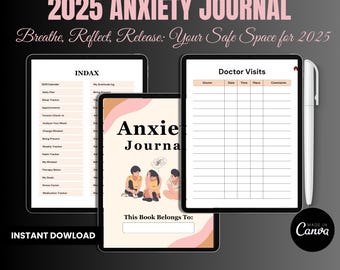 May include: A 2025 anxiety journal digital planner set featuring an index page, a doctor visits log, and a cover page with an illustration of three people and the text This Book Belongs To. A white stylus pen is positioned to the right side.