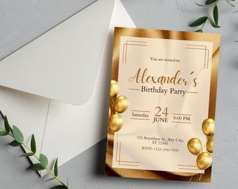 May include: A rectangular birthday party invitation card with a cream-colored center and gold metallic borders. The text reads: You are invited to Alexander's Birthday Party, Saturday 24 June, 8:00 PM, 123 Anywhere St., Any City, ST 12345, RSVP: +123-456-7890.