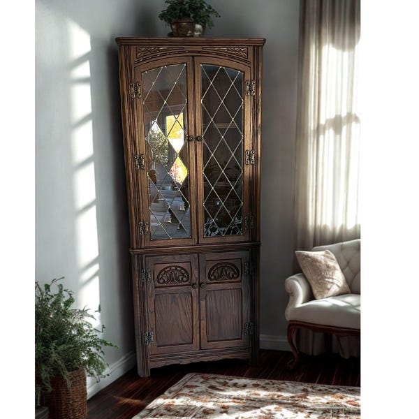Vintage Old Charm Oak Corner Cabinet – Leaded Glass Doors, Tudor Style by Wood Bros