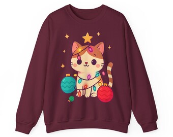 Weihnachtliches / Festliches Katzen-Crewneck-Sweatshirt | Entzückendes Geschenk, Weihnachtspullover, Katzenliebhaber-Sweatshirt, Wintermode