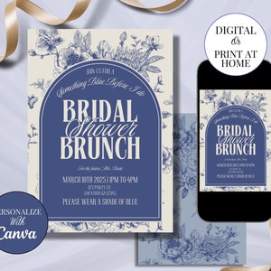 Blue Bridal Shower Brunch Invitation Template Toile De Jouy Vintage Floral Chinoiserie Download