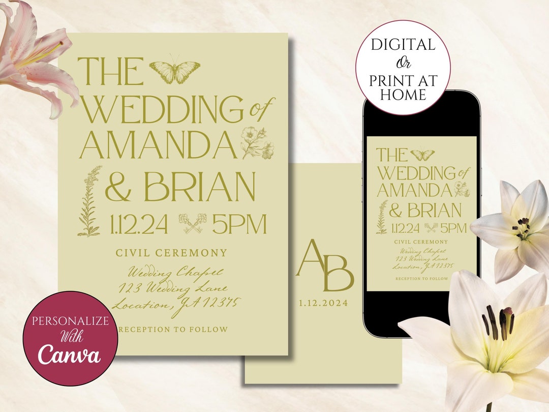 Whimsical and Elegant Chartreuse Green Wedding Invitation, Editable ...