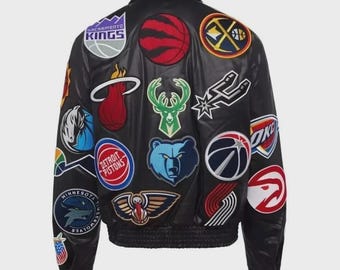 Chaqueta universitaria de piel de vaca con parches de la NBA - Chaqueta bomber para aficionados al baloncesto