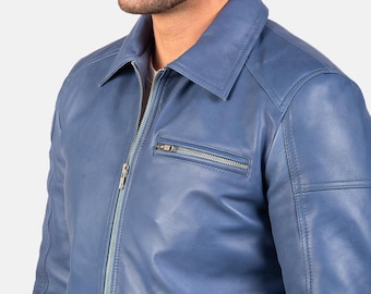 Chaqueta de cuero de cordero azul lavanda para hombre