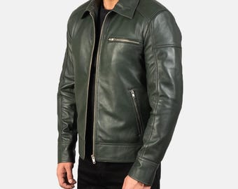 Chaqueta motera verde de piel auténtica para hombre: ropa de abrigo premium