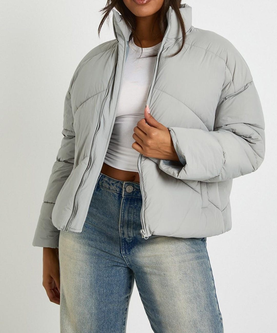 Light Grey Women’s Puffer Jacket | Winter Warm Quilted Coat | Casual ...