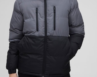 Chaqueta acolchada bicolor para hombre / Abrigo cálido de invierno con capucha / Prenda exterior ligera y elegante
