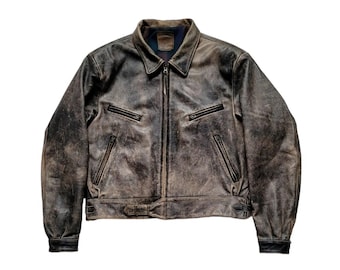 Chaqueta corta de cuero genuino de los años 80, estilo retro de aviador motero.