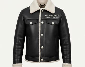 Chaqueta de cuero negro tipo sherpa para hombre / Abrigo de invierno con cuello de piel sintética