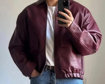 Chaqueta bomber de cuero burdeos hecha a mano, abrigo de piel de vaca para hombre